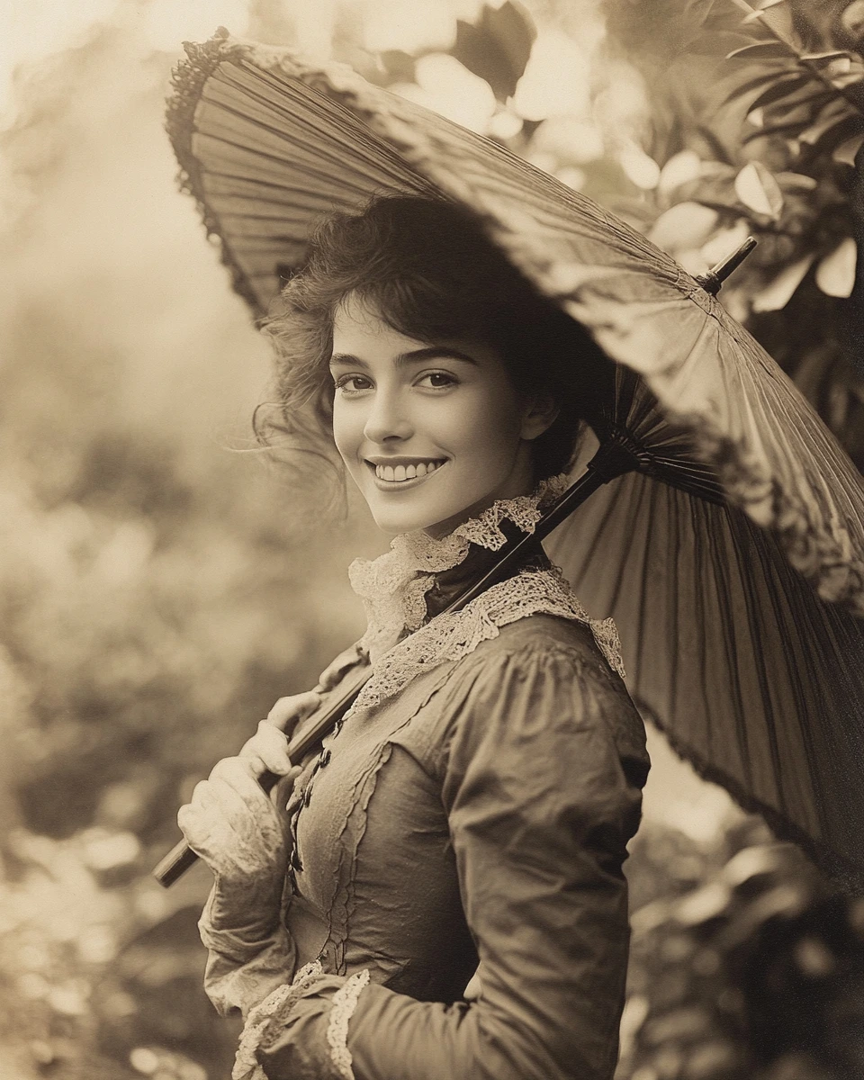 1800's photography style, old sepia tones, classic portrait of a smiling woman w