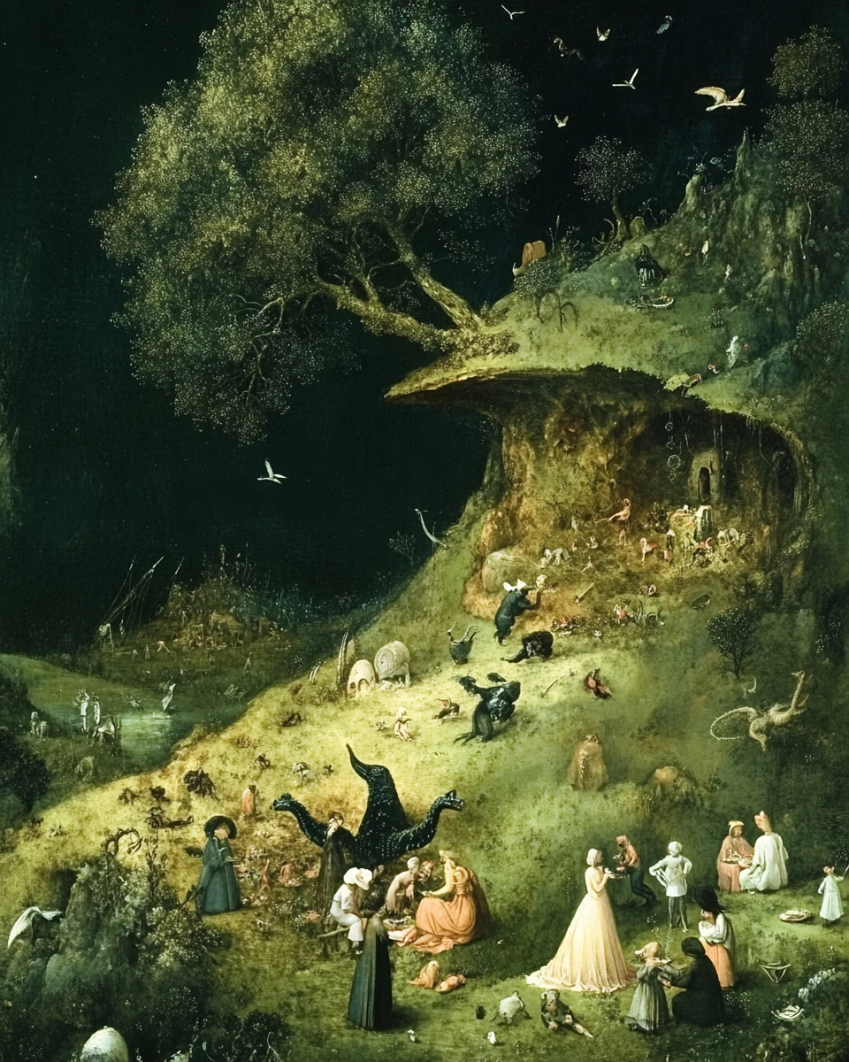 Hieronymus Bosch style, fantastical and dreamlike, with intricate details and sy