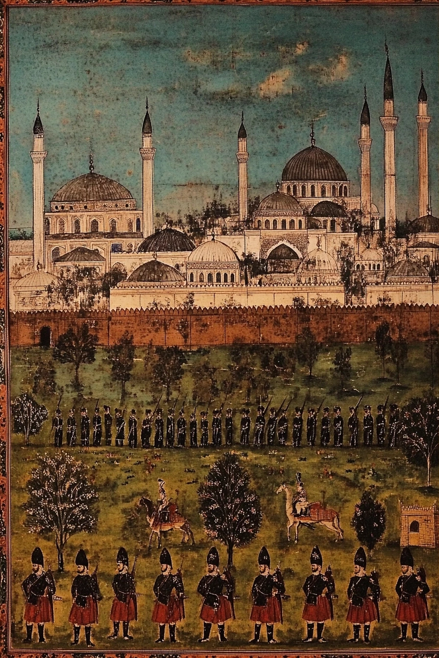 Ottoman Miniature style, intricate patterns and flat perspective. A World War I 