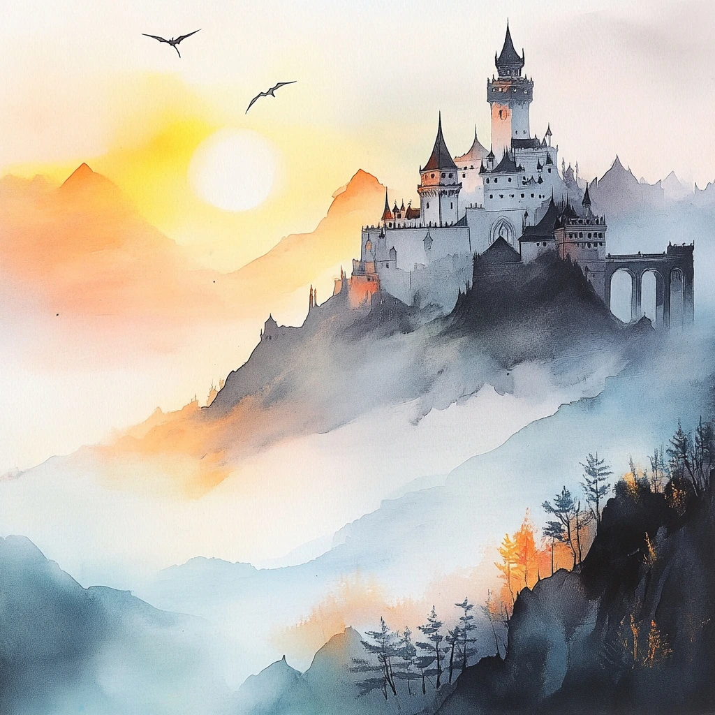 Watercolor style, soft brush strokes, dreamy atmosphere, a medieval castle sits 