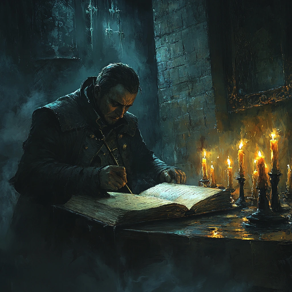 Lovecraftian style, dark muted colors with eerie shadows, a man dressed in worn 