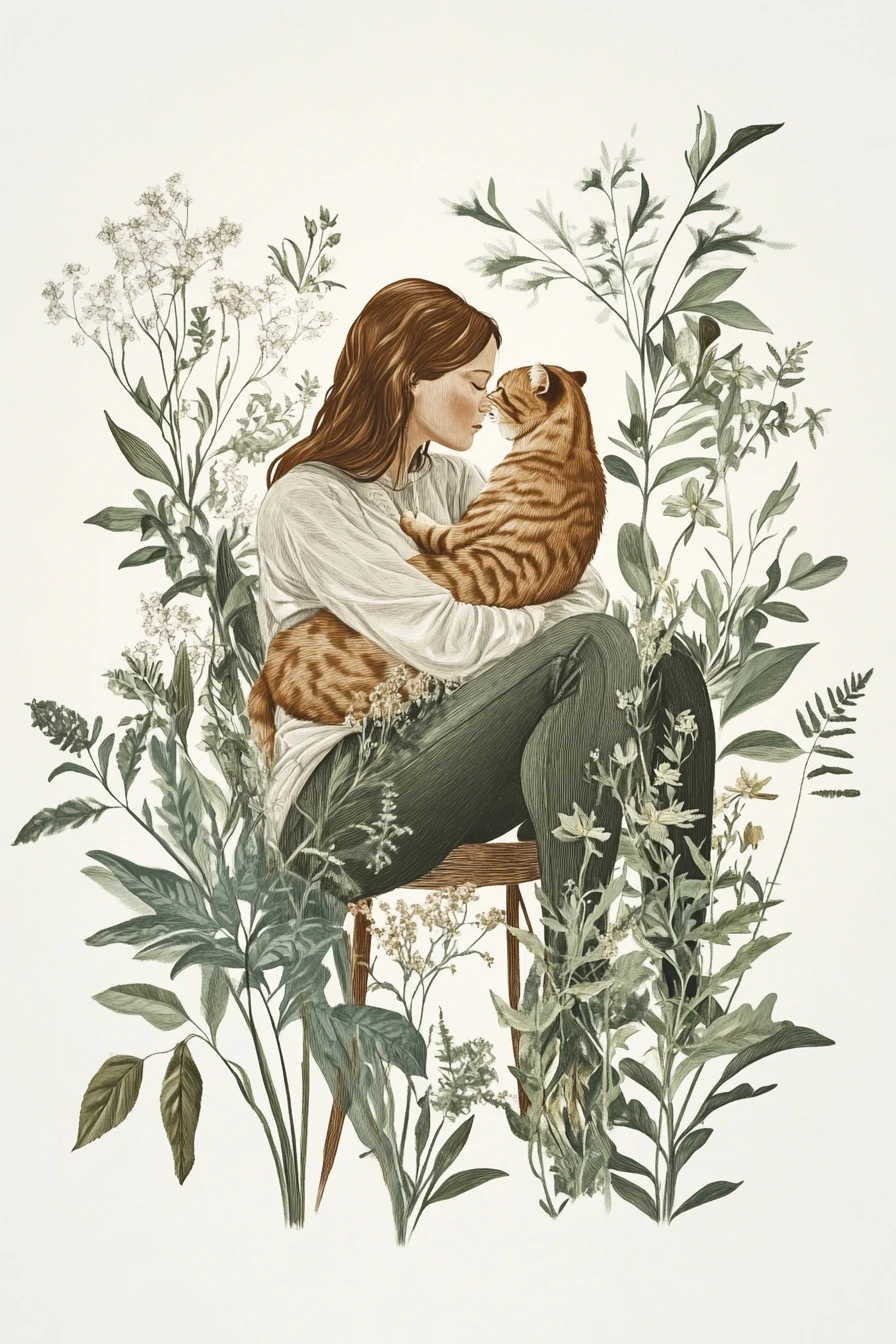 Botanical illustration style, delicate lines and flat colors, a woman sitting on