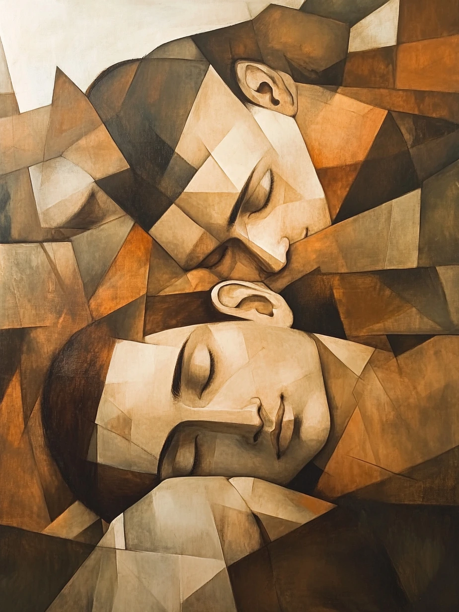 Cubism style, geometric shapes and fragmented forms, monochrome with earthy tone