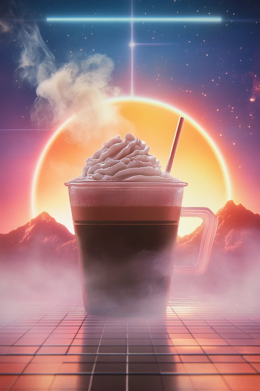 80's Movie Poster style, neon lights, bold typography, a giant latte cup with st