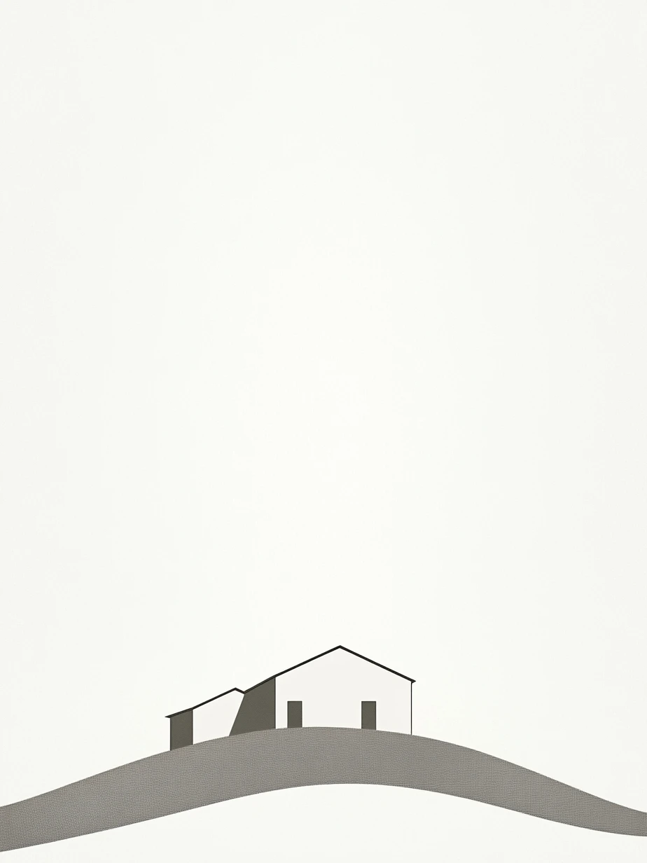 Minimalism style, simple composition, empty space, a large white mansion stands 