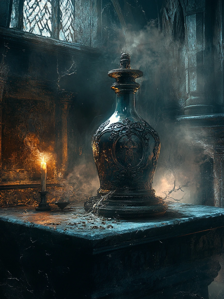Gothic style, mysterious and ornate, with dark shadows and intricate details, a 