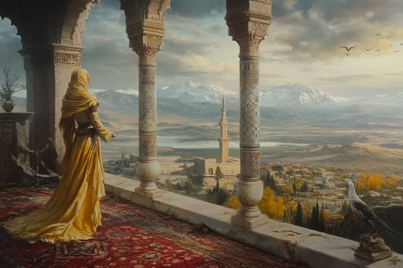 Orientalism style, with intricate patterns and warm golden light, a majestic sor