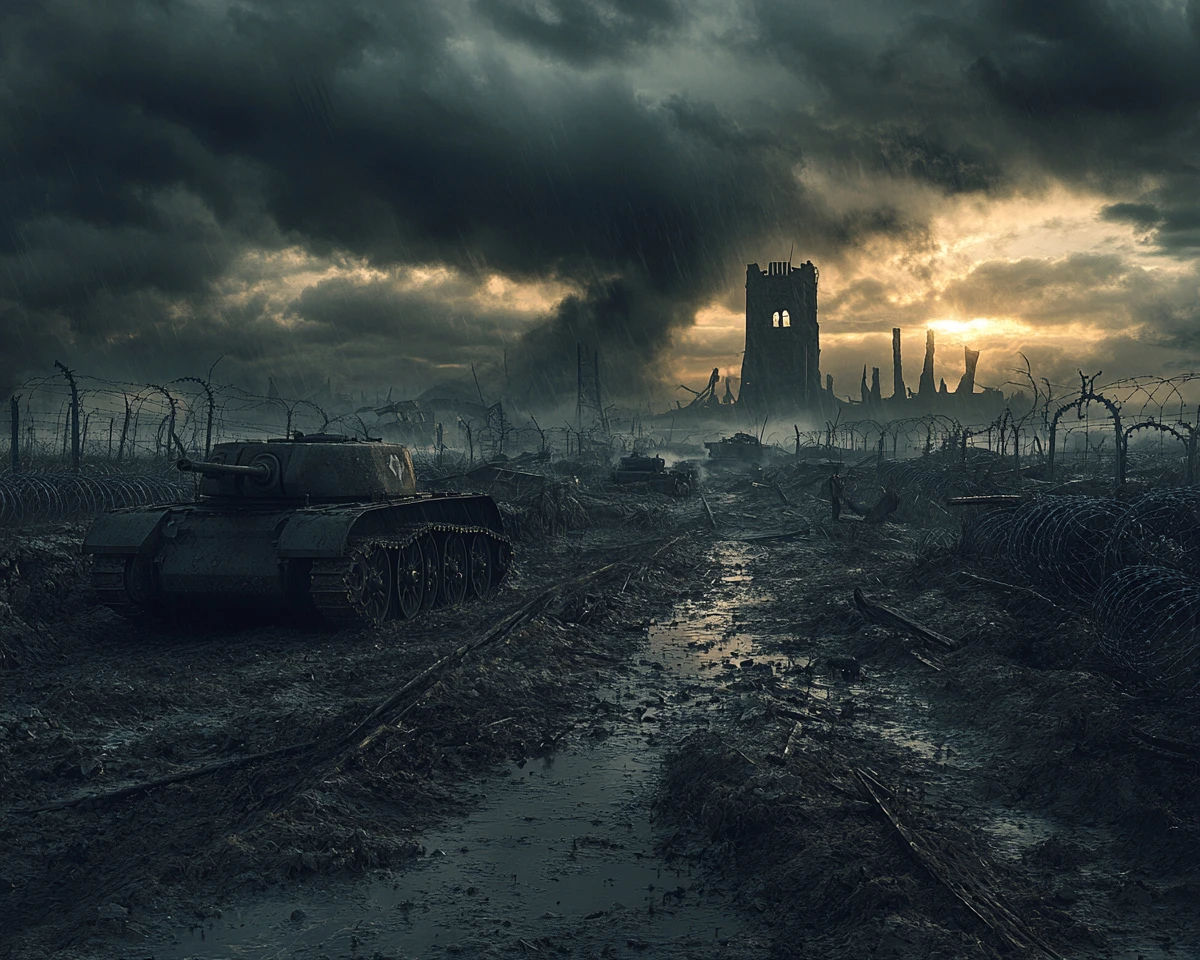 Gothic style, dark atmospheric lighting, intricate details, a World War I battle
