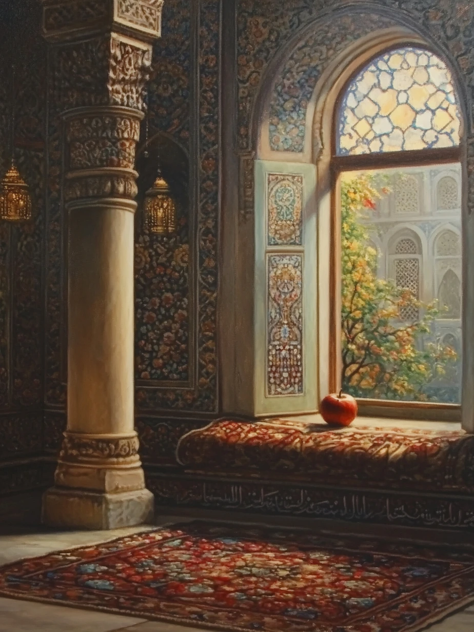 Orientalism style, intricate patterns, warm golden light, an apple sits on an or