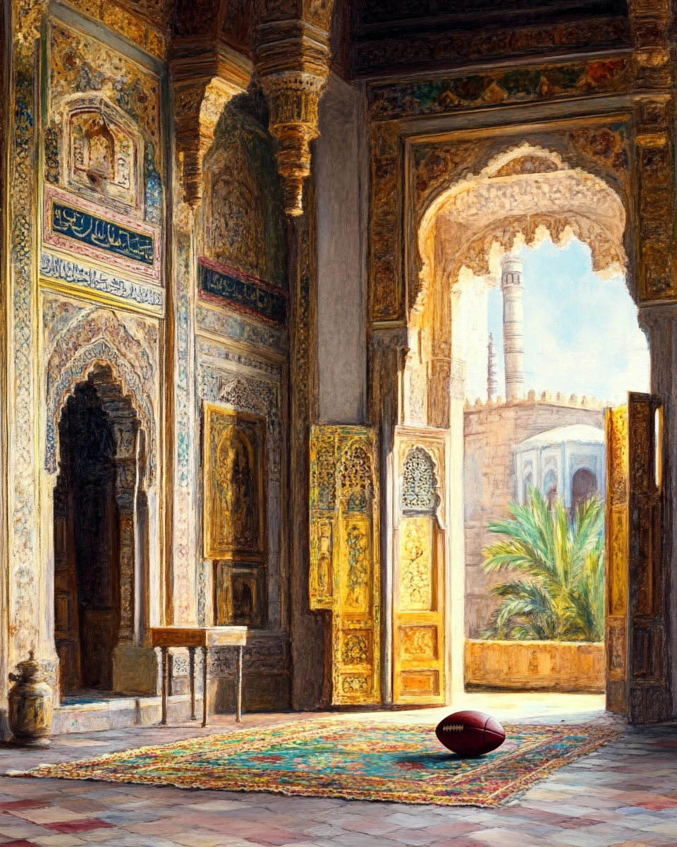 Orientalism style, intricate patterns, warm desert colors, a football lying on a