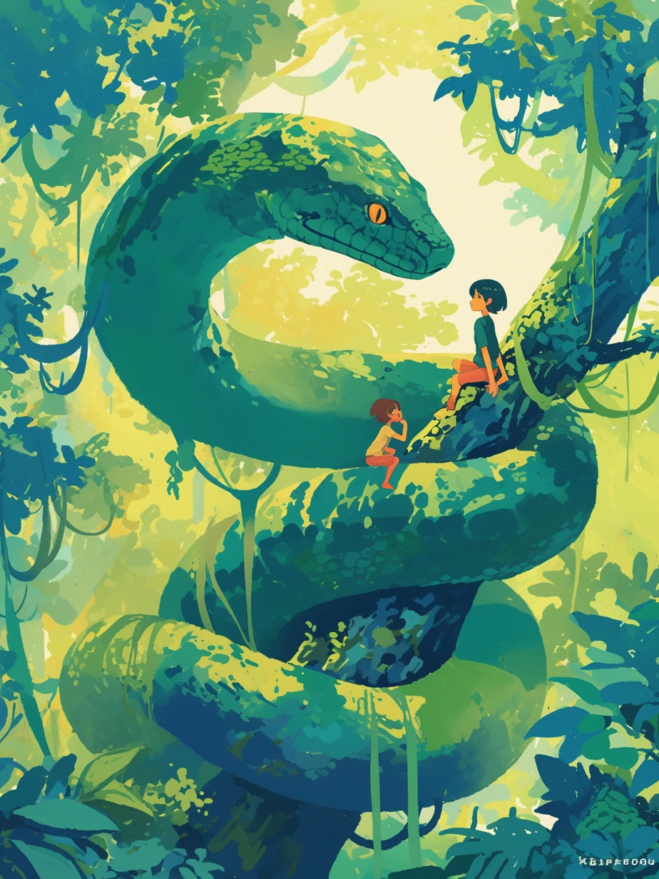 Anime style, exaggerated features, bold lines, and bright colors, a giant green 