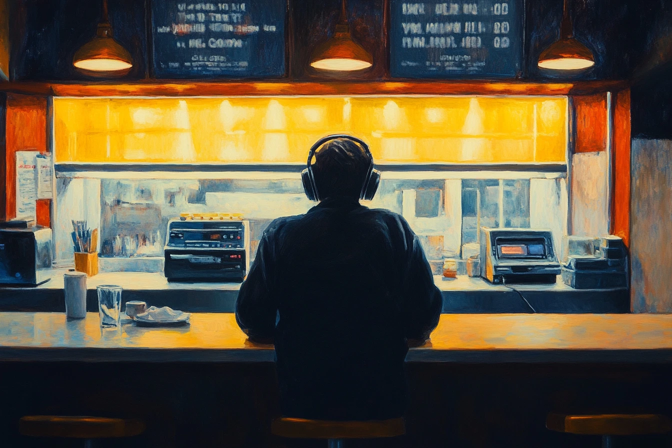 Edward Hopper style, oil painting, with dramatic lighting and subtle color palet