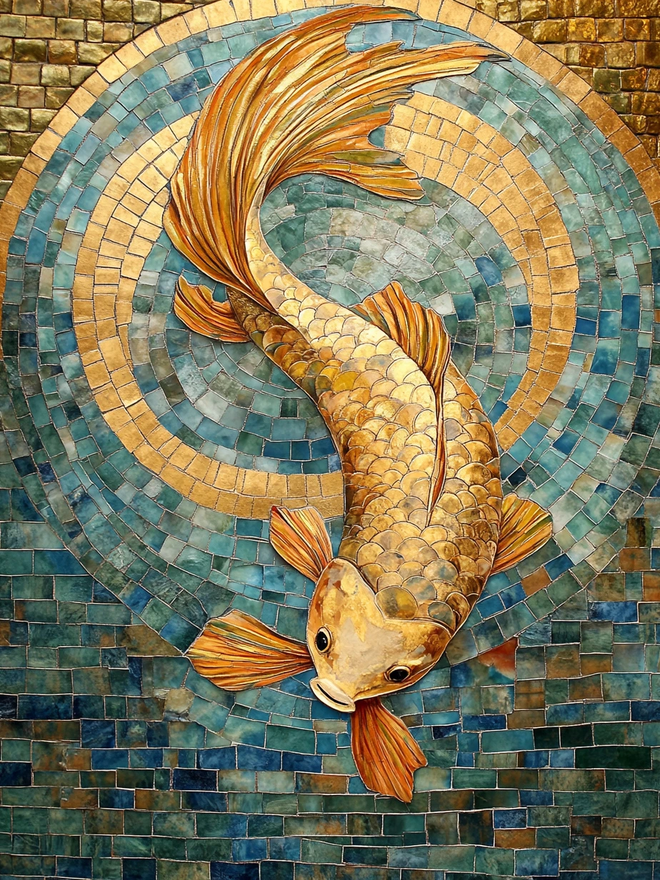 Estilo mosaico bizantino, acentos dorados, detalles intrincados, un pez gato nad