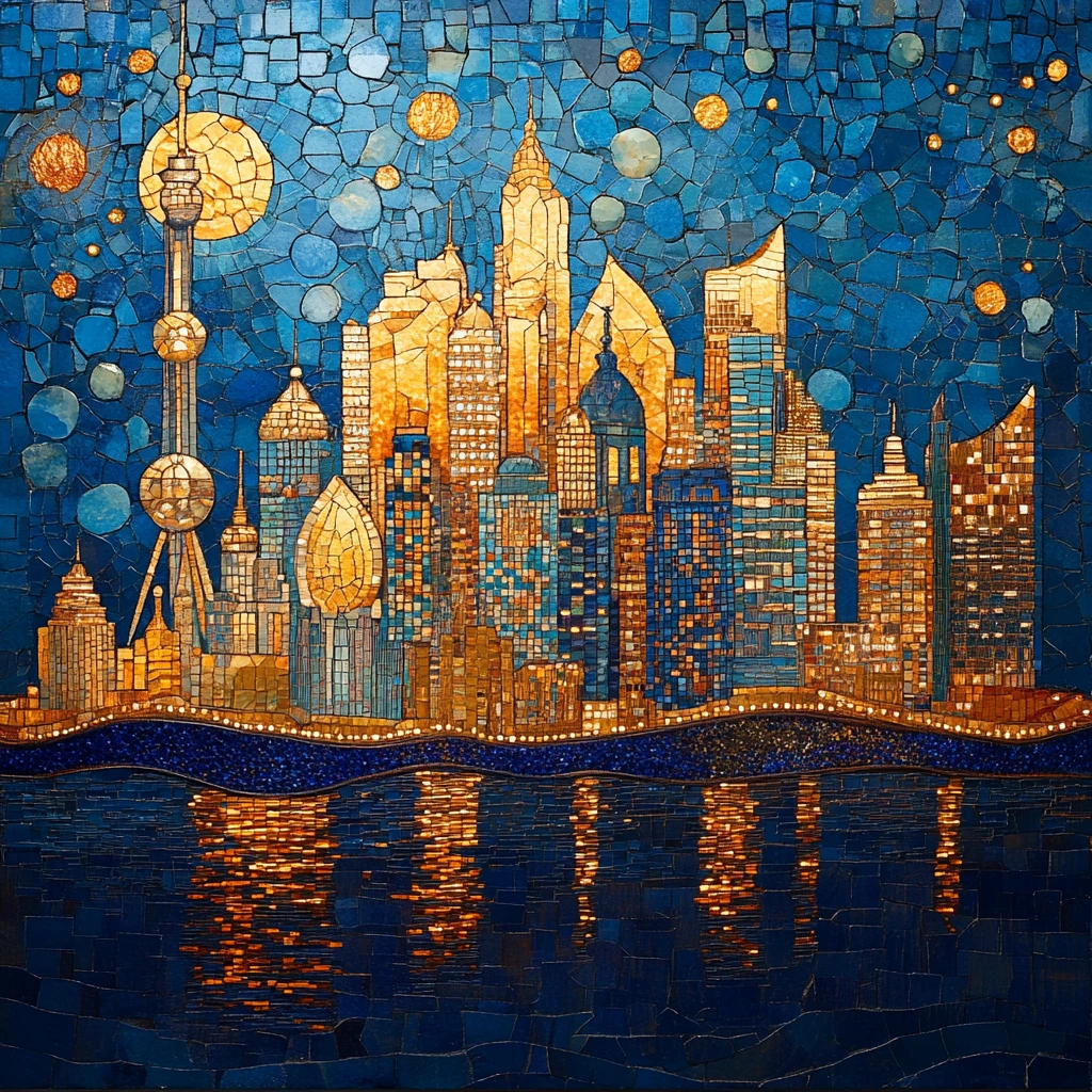 Estilo mosaico bizantino, acentos dorados y pequeños azulejos, una representació